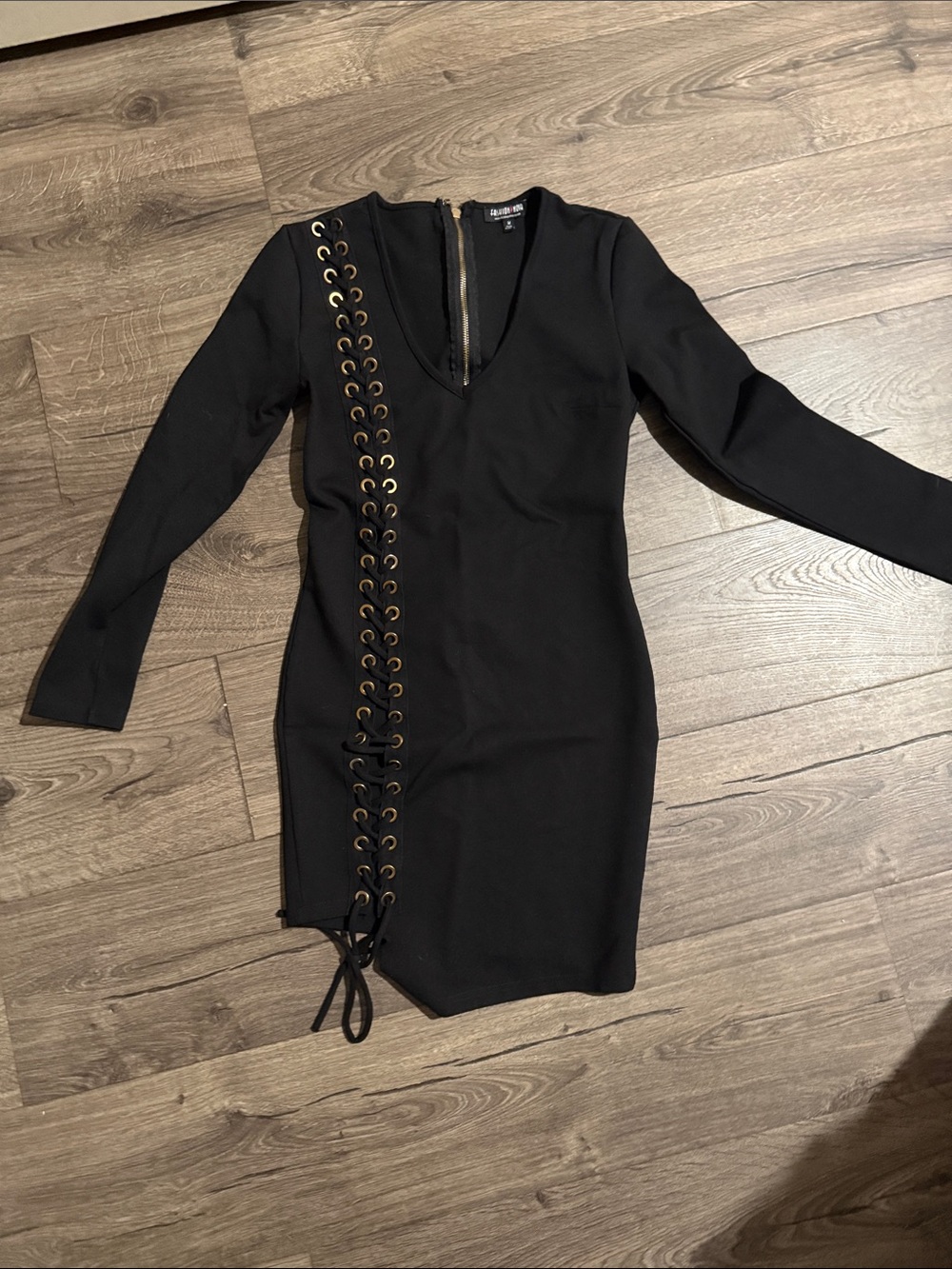 Black Lace-Up Long Sleeve Bodycon Dress